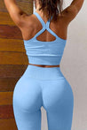 Women Workout 2 Piece Outfits Ribbed High Waist Legging Gym Yoga Bodycon Sports Crop Tops Sets Blue L