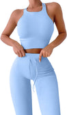 Women Workout 2 Piece Outfits Ribbed High Waist Legging Gym Yoga Bodycon Sports Crop Tops Sets Blue L