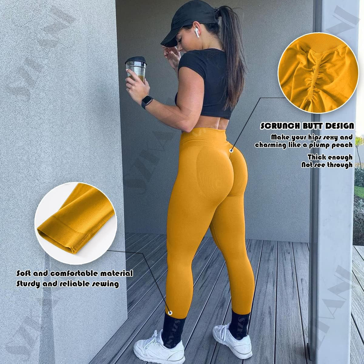 Seamless Leggings for Women Butt Lifting High Waist Yoga Pants Scrunch Booty Leggings Workout Tights(1A#Dark Yellow, S)