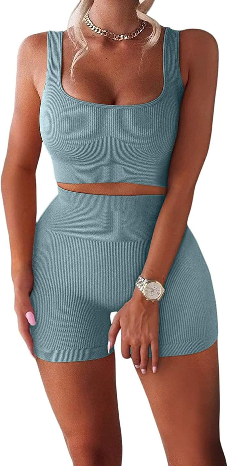 Women'S Athletic Clothing Sets 2 Pcs Sports Workout Suit Sexy Ribbed Crop Tank High Waist Shorts Yoga Outfit