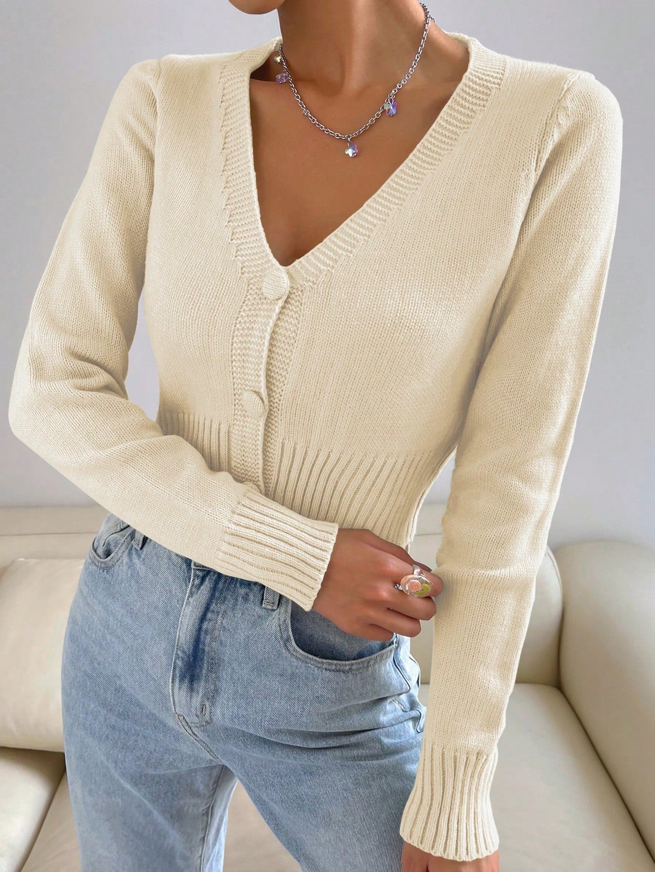 Flirla Solid Button Front Crop Cardigan