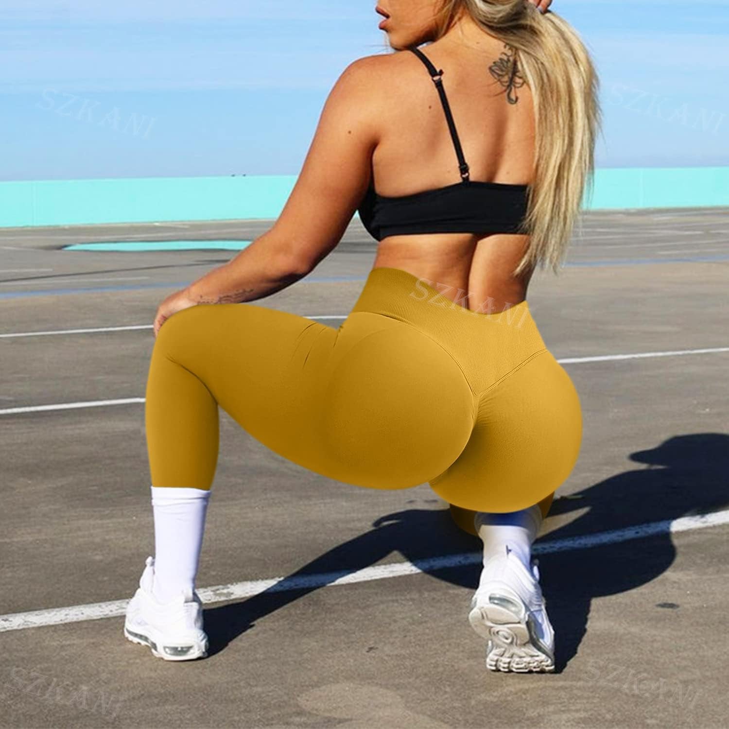 Seamless Leggings for Women Butt Lifting High Waist Yoga Pants Scrunch Booty Leggings Workout Tights(1A#Dark Yellow, S)