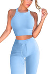 Women Workout 2 Piece Outfits Ribbed High Waist Legging Gym Yoga Bodycon Sports Crop Tops Sets Blue L