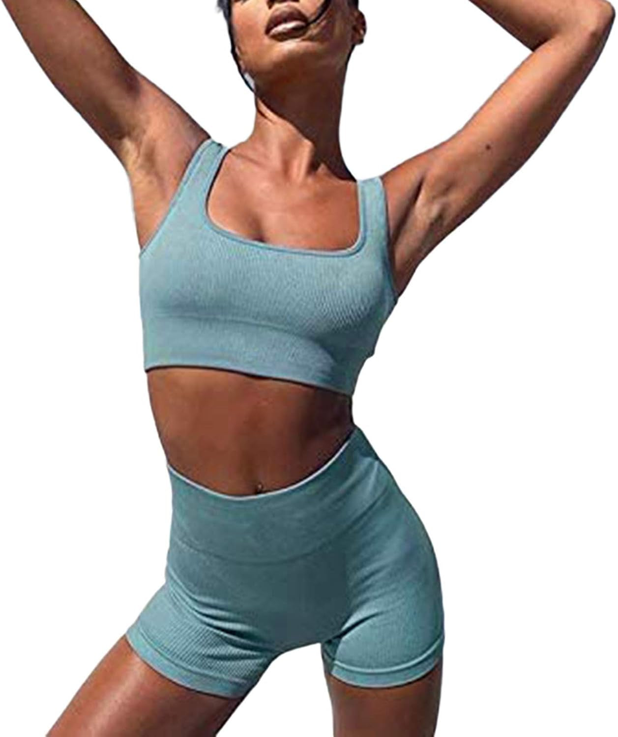 Women'S Athletic Clothing Sets 2 Pcs Sports Workout Suit Sexy Ribbed Crop Tank High Waist Shorts Yoga Outfit
